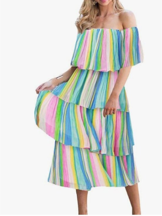 ECTYY Dresses & Skirts - LIKE NEW Sz L Rainbow Stripe Off-Shoulder Tiered Ruffle Pleated Chiffon